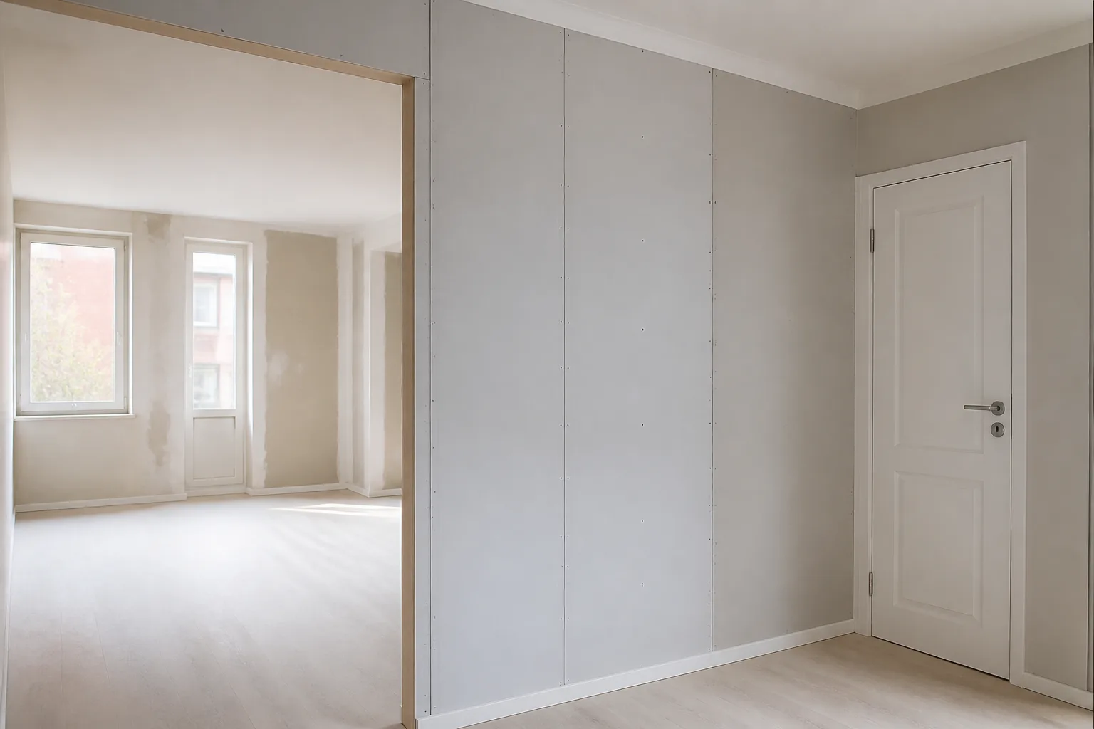 Invändig renovering med monterade gipsskivor och spacklade väggar