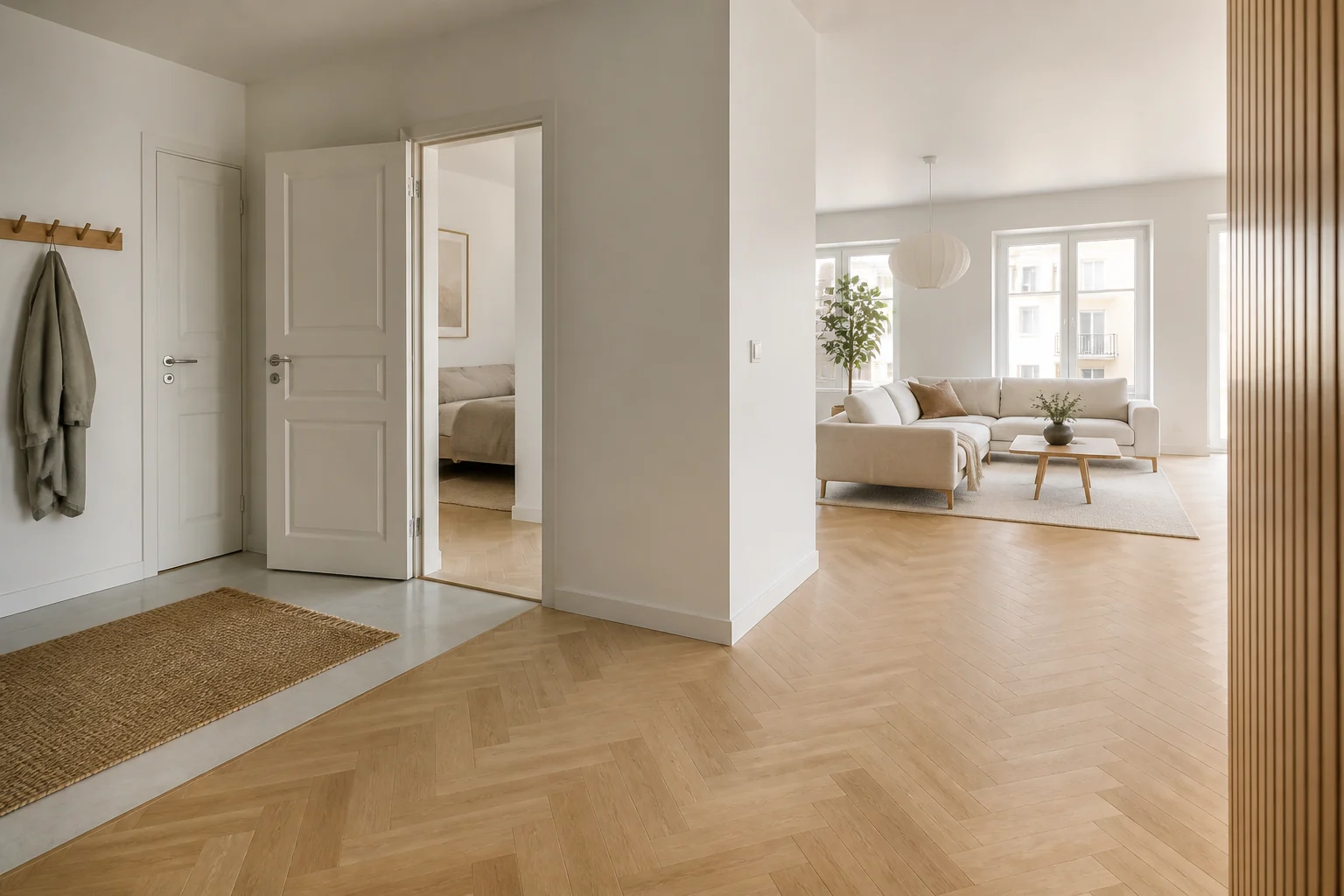 Ljus bostadsinteriör med parkettgolv och färdigställda invändiga ytor